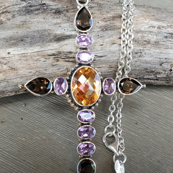 NICKY BUTLER NB 925 Sterling Silver Amethyst Smoky Quartz Cross Pendant Necklace - Picture 5 of 12